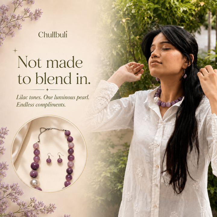 Jamuni Sholey | Purple Marbled Bead Necklace Set with Earrings