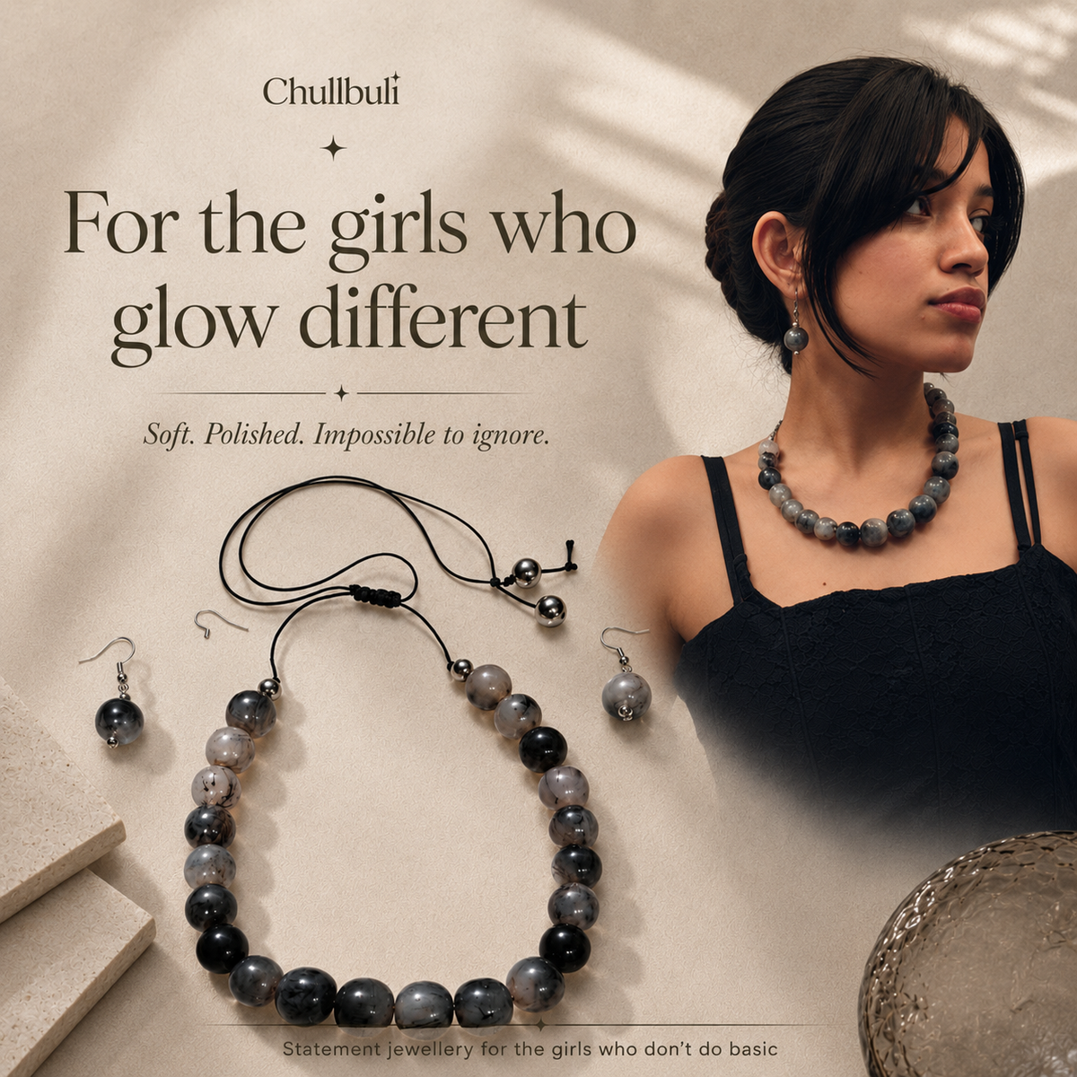 Surmedani | Grey Marbled Bead Necklace Set with Earrings