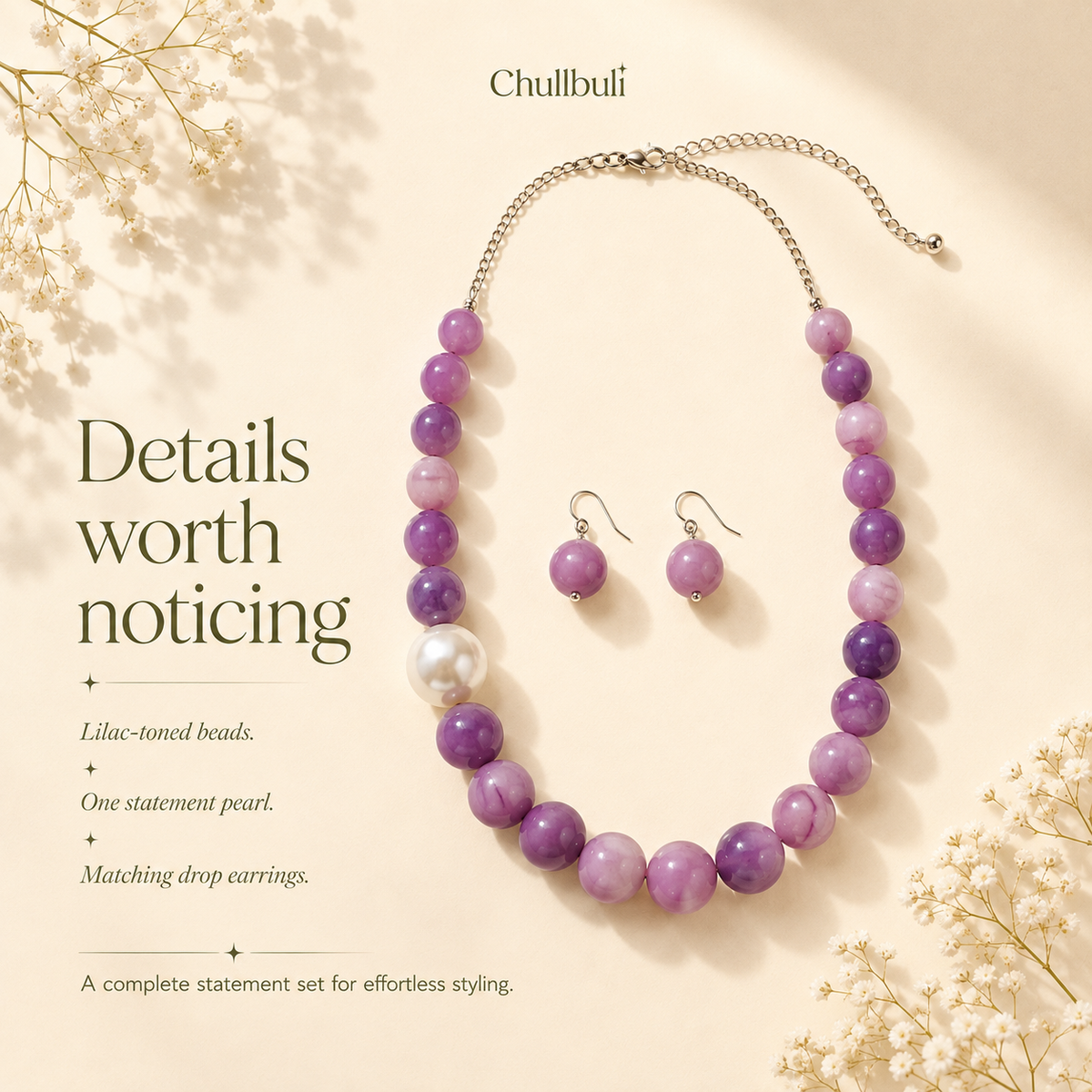 Jamuni Sholey | Purple Marbled Bead Necklace Set with Earrings