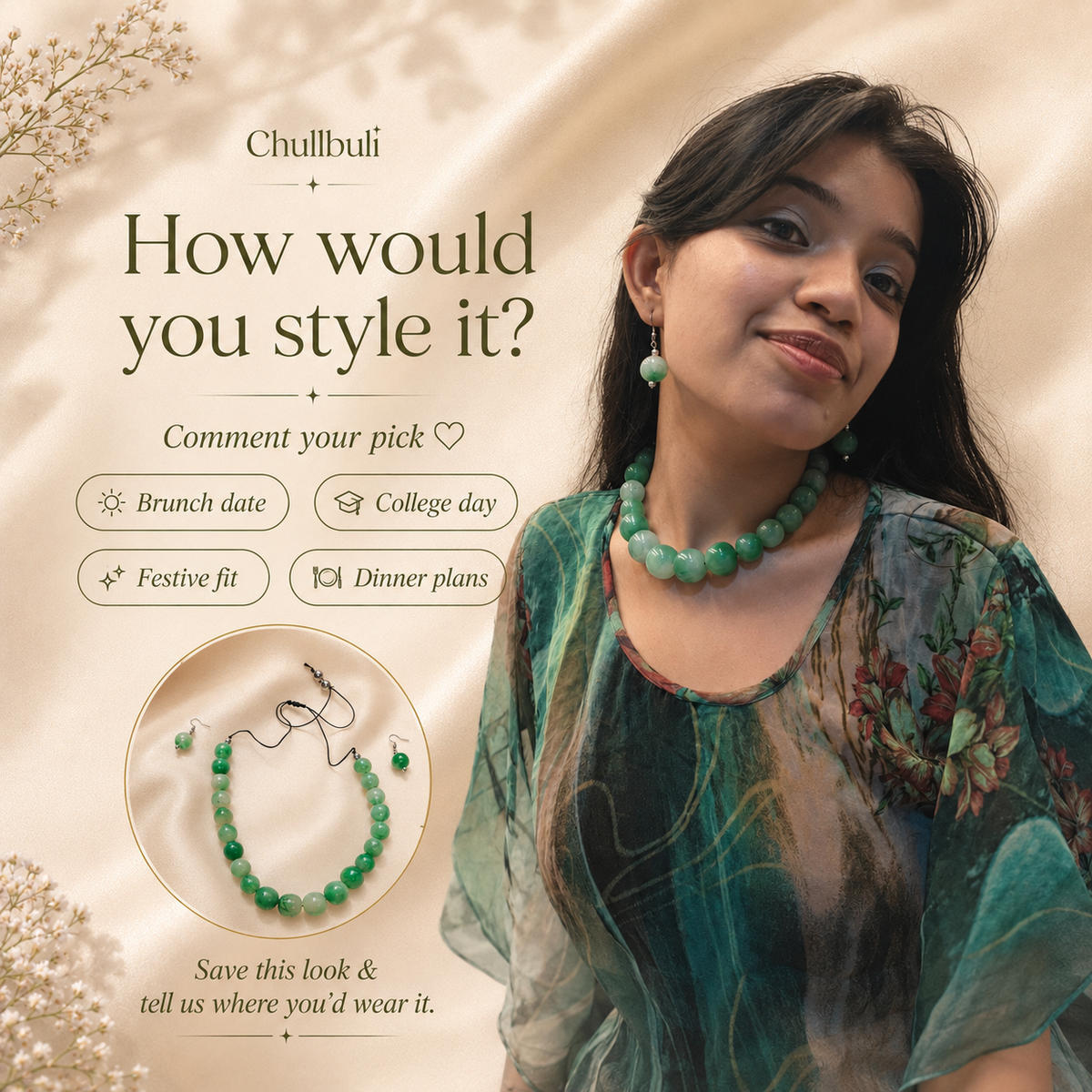Morni | Green Marbled Bead Necklace Set with Earrings