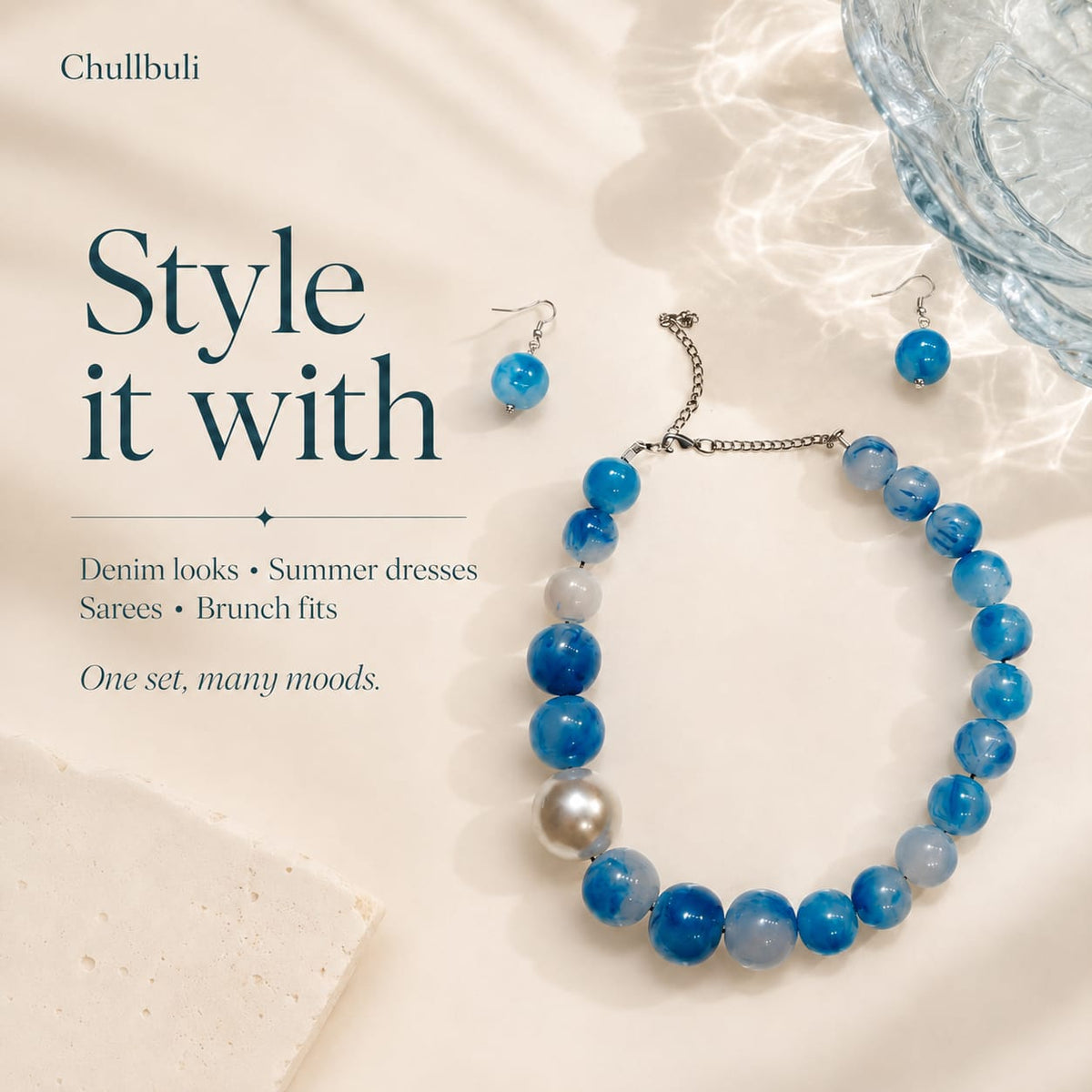 Aasmaani Adaa | Blue Marbled Bead Necklace Set with Earrings