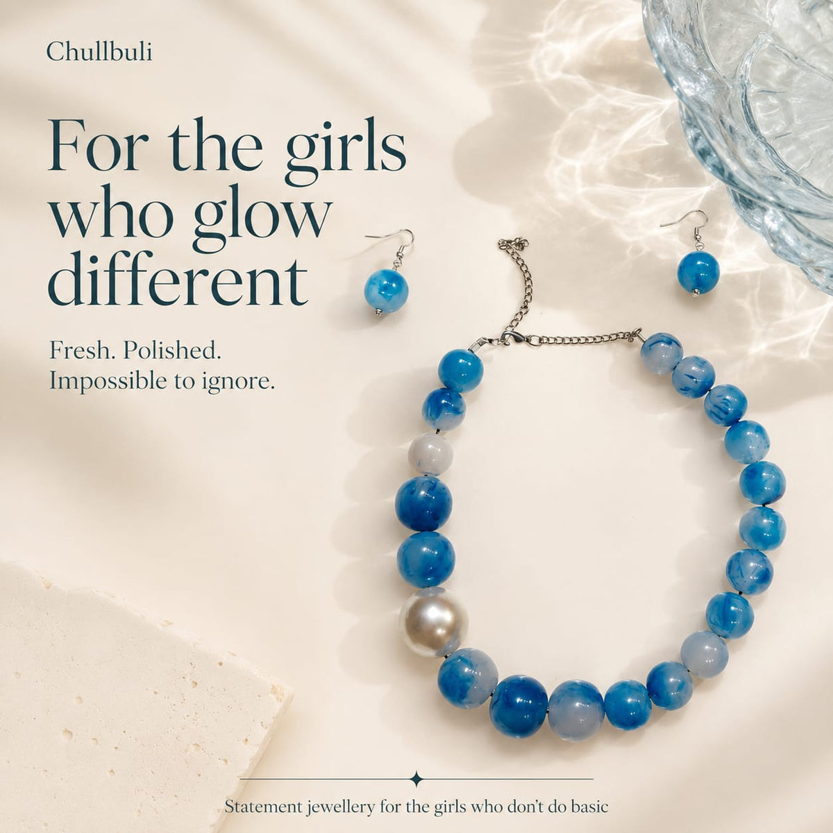 Aasmaani Adaa | Blue Marbled Bead Necklace Set with Earrings