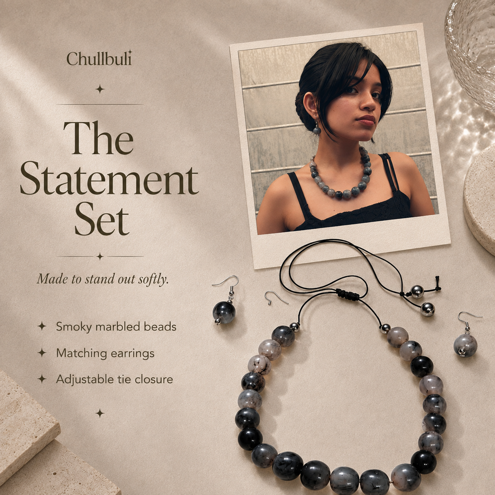 Surmedani | Grey Marbled Bead Necklace Set with Earrings